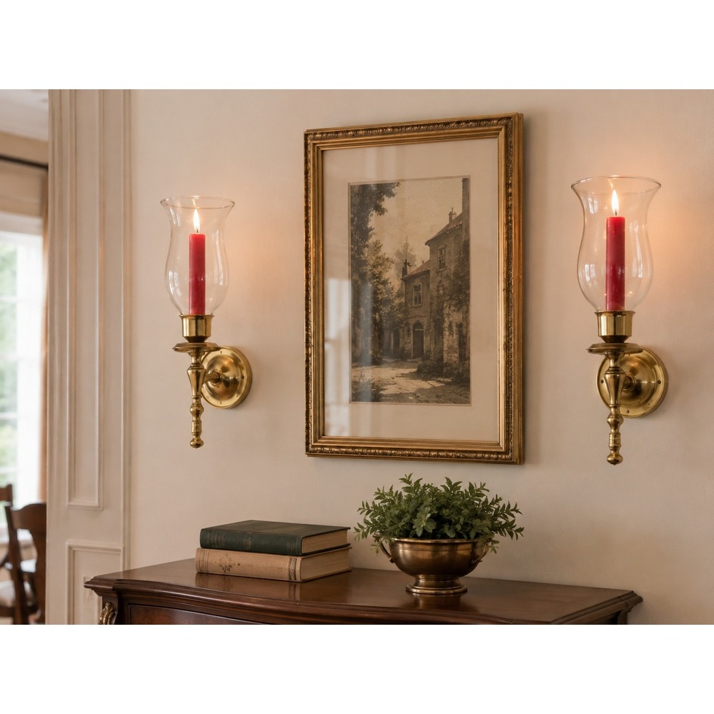 Vtg Pair Brass Wall Sconces Hurricane Glass Candle Holders 8" Traditional Decor